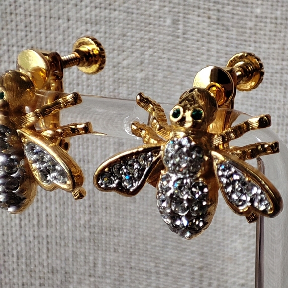 Bee Clear Rhinestone Earrings Comfort Screwbacks Clips Vintage Signed PAT D - Picture 4 of 15